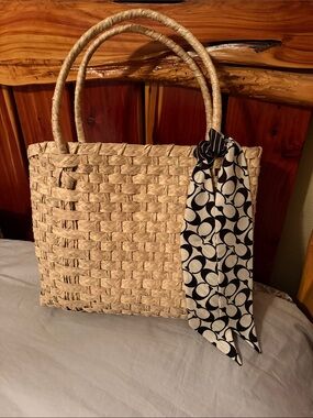 Woven Straw Tote Bag with Black & White Scarf from Coach